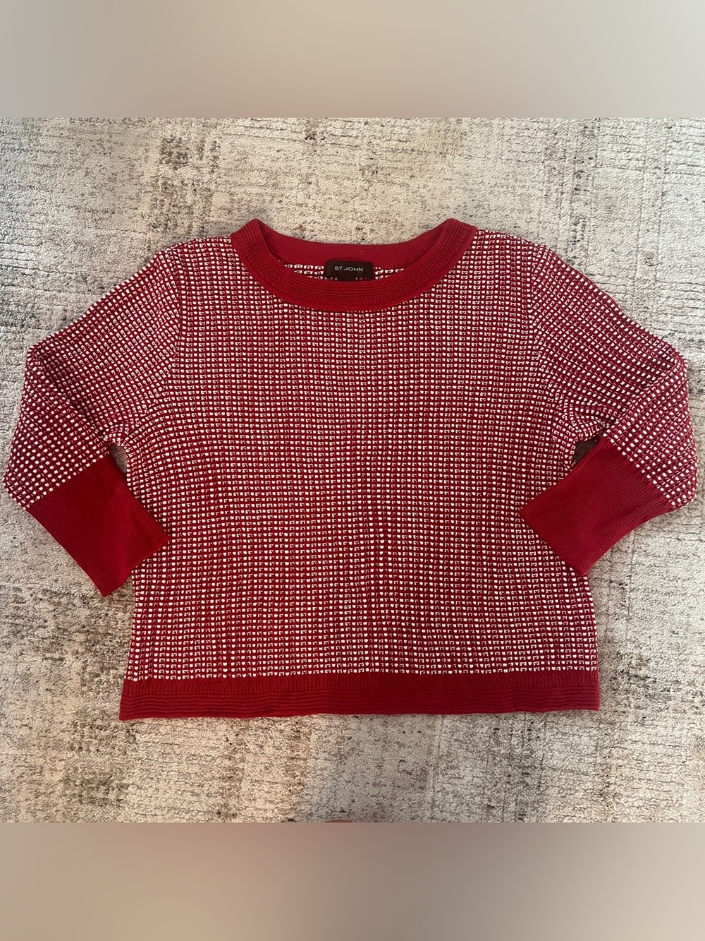 St. John Red White Knit Crewneck Sweater Women’s XL Wool Blend